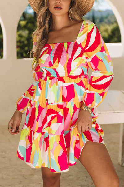 Multicolor Abstract Print Puff Sleeve Smocked Square Neck Dress-Dresses-MomFashion