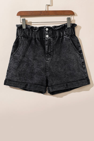 Black Vintage Washed Frilled High Waist Denim Shorts-Bottoms-MomFashion
