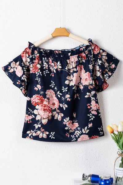 Blue Ruffle Off Shoulder Flounce Sleeve Floral Blouse-Tops-MomFashion