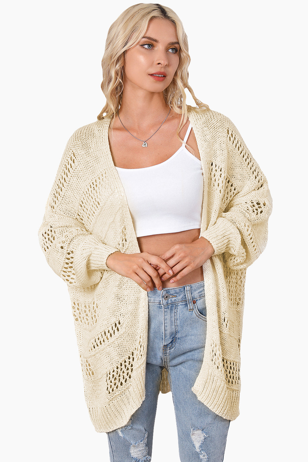 Apricot Casual Hollowed Knit Dolman Sleeve Cardigan-Tops-MomFashion