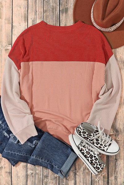 Fiery Red Color Block Long Sleeve Ribbed Loose Top-Tops-MomFashion