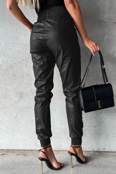 Black Smocked High-Waist Leather Skinny Pants-Bottoms-MomFashion