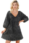 Black Pleated V Neck Puff Sleeve Denim Babydoll Dress-Dresses-MomFashion