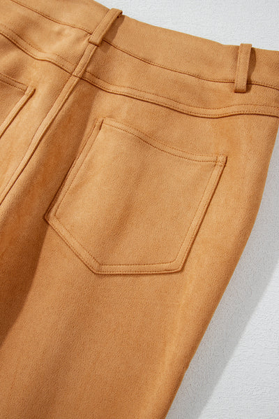 Brown Exposed Seam Flare Suede Pants with Pockets-Bottoms-MomFashion