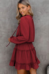 V Neck Long Sleeve Ruffle Tiered Mini Dress-Dresses-MomFashion