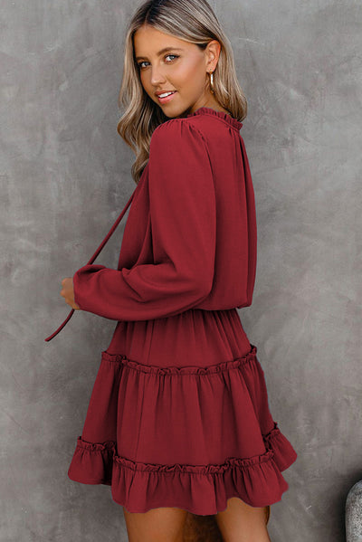 V Neck Long Sleeve Ruffle Tiered Mini Dress-Dresses-MomFashion