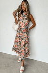 Black Boho Floral Print Knotted Halter Ruffled Maxi Dress-Dresses-MomFashion