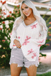 White Floral Print Lightweight Knit Hooded Sweater-Tops-MomFashion