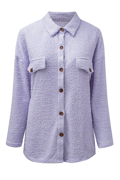 Purple Plush Button Down Pocketed Shirt Jacket-Outerwear-MomFashion