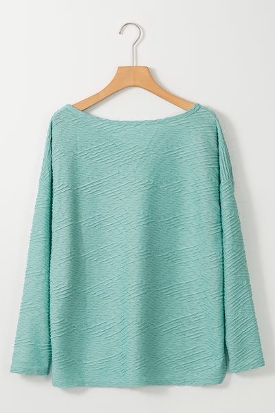 Green Textured Split Neck Long Sleeve Top-Tops-MomFashion