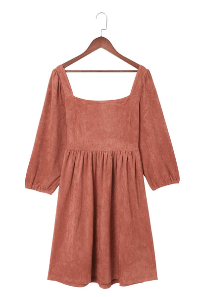 Brown Suede Square Neck Puff Sleeve Dress-Dresses-MomFashion