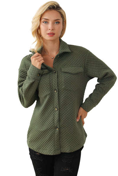 Green Retro Quilted Flap Pocket Button Shacket-Outerwear-MomFashion