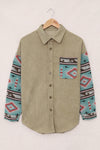 Khaki Aztec Pattern Sleeve Pocketed Corduroy Shacket-Outerwear-MomFashion