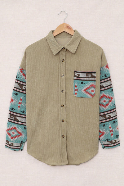 Khaki Aztec Pattern Sleeve Pocketed Corduroy Shacket-Outerwear-MomFashion