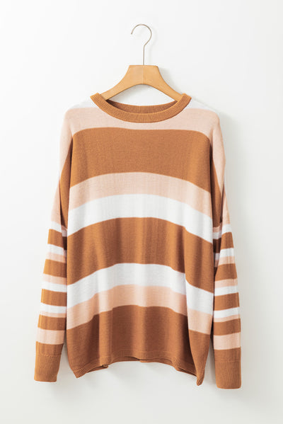 Multicolour Striped Knit Drop Shoulder Loose Sweater-Tops-MomFashion