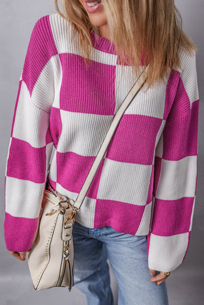 Bright Pink Checkered Round Neck Baggy Sweater-Tops-MomFashion