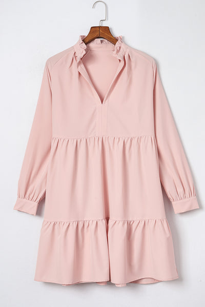 Pink Frilled Stand Collar Long Sleeve Ruffle Dress-Dresses-MomFashion