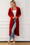 Fiery Red Velvet Open Front Pocketed Long Duster-Tops-MomFashion