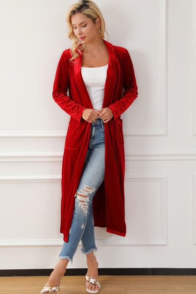 Fiery Red Velvet Open Front Pocketed Long Duster-Tops-MomFashion