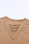 Apricot Lace Waffle Patchwork Strappy V Neck Long Sleeve Top-Tops-MomFashion