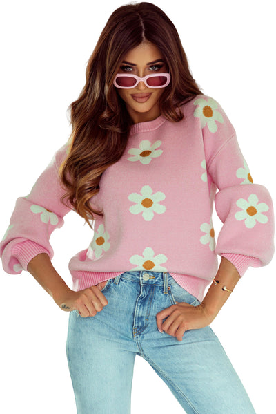 Pink Floral Pattern Drop Shoulder Sweater-Tops-MomFashion