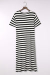 Black Stripe Print V Neck Maxi Dress with Side Splits-Dresses-MomFashion