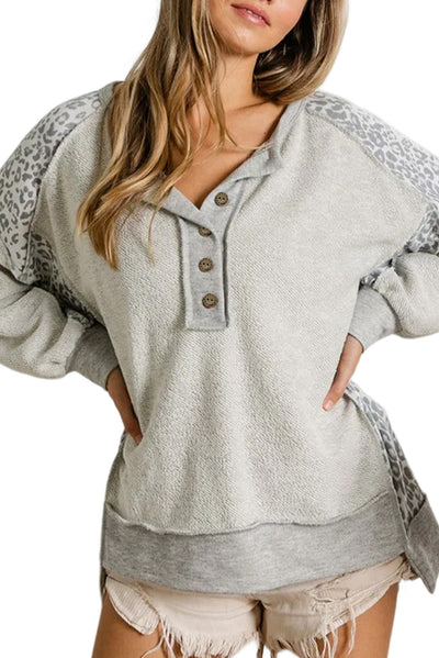 Gray Leopard Patchwork Exposed Seam Buttoned Neck Sweatshirt-Tops-MomFashion