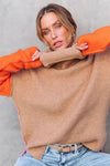 Khaki Color Block Turtle Neck Drop Shoulder Knit Sweater-Tops-MomFashion