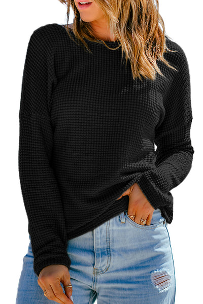 Black Waffle Knit Drop Shoulder Long Sleeve Top-Tops-MomFashion