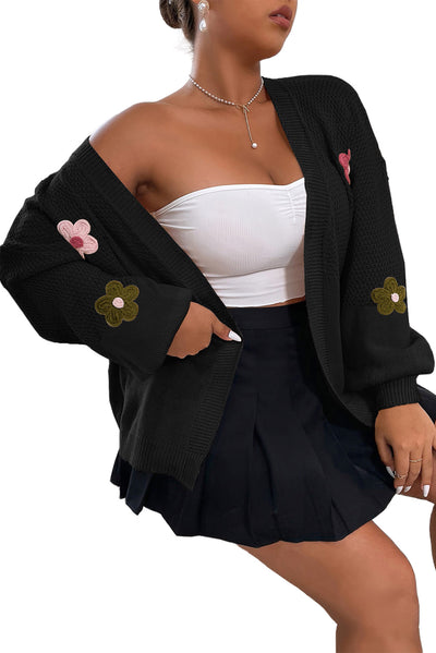 Black Floral Applique Drop Shoulder Bubble Sleeve Cardigan-Tops-MomFashion