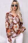 Brown Frilled V Neck Bubble Sleeve Floral Blouse-Tops-MomFashion