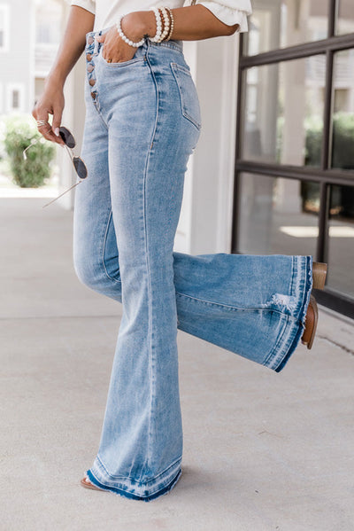 Sky Blue High Waist Buttoned Distressed Flared Jeans-Bottoms-MomFashion