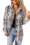 White Plaid Print Pocketed Shirt Jacket-Outerwear-MomFashion