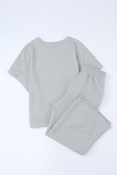 Gray Textured Loose Fit T Shirt and Drawstring Pants Set-Loungewear-MomFashion