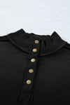 Black Ribbed Hem Snap Button Neckline Sweatshirt with Pocket-Tops-MomFashion