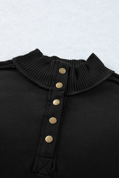 Black Ribbed Hem Snap Button Neckline Sweatshirt with Pocket-Tops-MomFashion