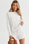 White Textured Long Sleeve Top and Drawstring Shorts Set-Loungewear-MomFashion