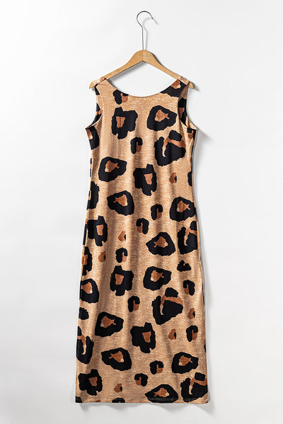 Leopard Split Open Back Sleeveless Maxi Dress-Dresses-MomFashion