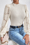 Beige Sunflower Mesh Bubble Sleeve Waffle Knit Top-Tops-MomFashion