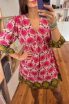 Strawberry Pink Retro Printed V Neck Bracelet Sleeve Dress-Dresses-MomFashion