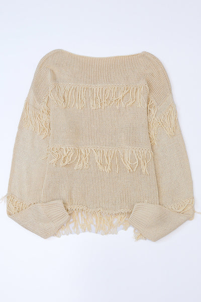 Khaki Boho Tasseled Knitted Sweater-Tops-MomFashion