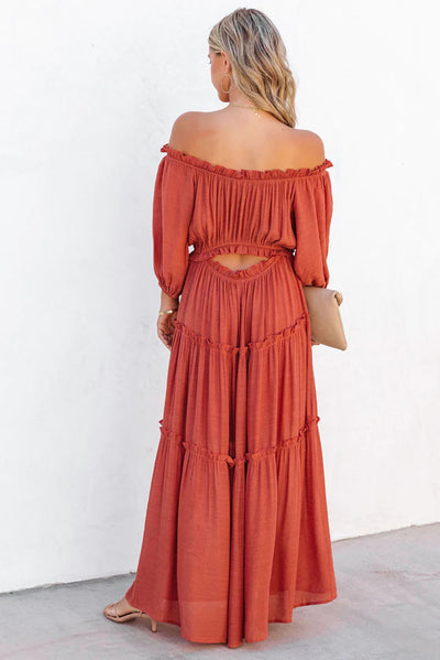 Orange Off Shoulder Balloon Sleeve Cutout Ruffled Maxi Dress-Dresses-MomFashion