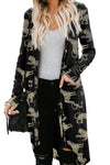 Black Printed Animal Print Ribbed Knit Cardigan-Tops-MomFashion