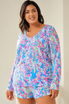 Sky Blue Plus Size Floral Print Long Sleeve and Shorts Lounge Outfit-Plus Size-MomFashion