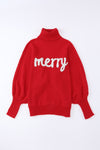 Red Merry Letter Embroidered High Neck Sweater-Tops-MomFashion