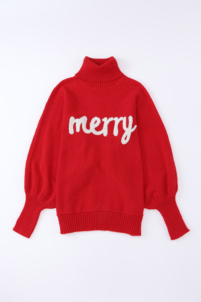 Red Merry Letter Embroidered High Neck Sweater-Tops-MomFashion