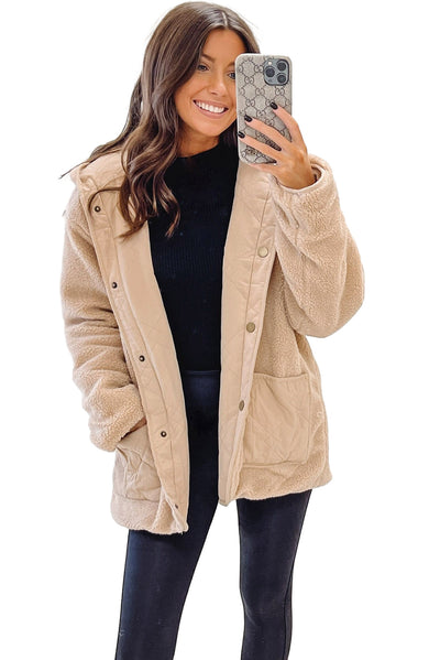 Khaki Double Wear Reversible Fleece Puffer Jacket-Outerwear-MomFashion