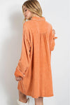 Orange Crinkled Dual Chest Pocket Oversized Shirt Dress-Dresses-MomFashion