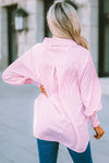 Pink Smocked Cuffed Striped Boyfriend Shirt with Pocket-Tops-MomFashion