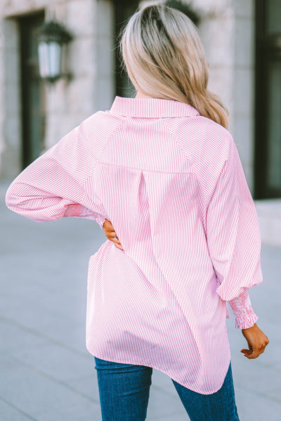 Pink Smocked Cuffed Striped Boyfriend Shirt with Pocket-Tops-MomFashion